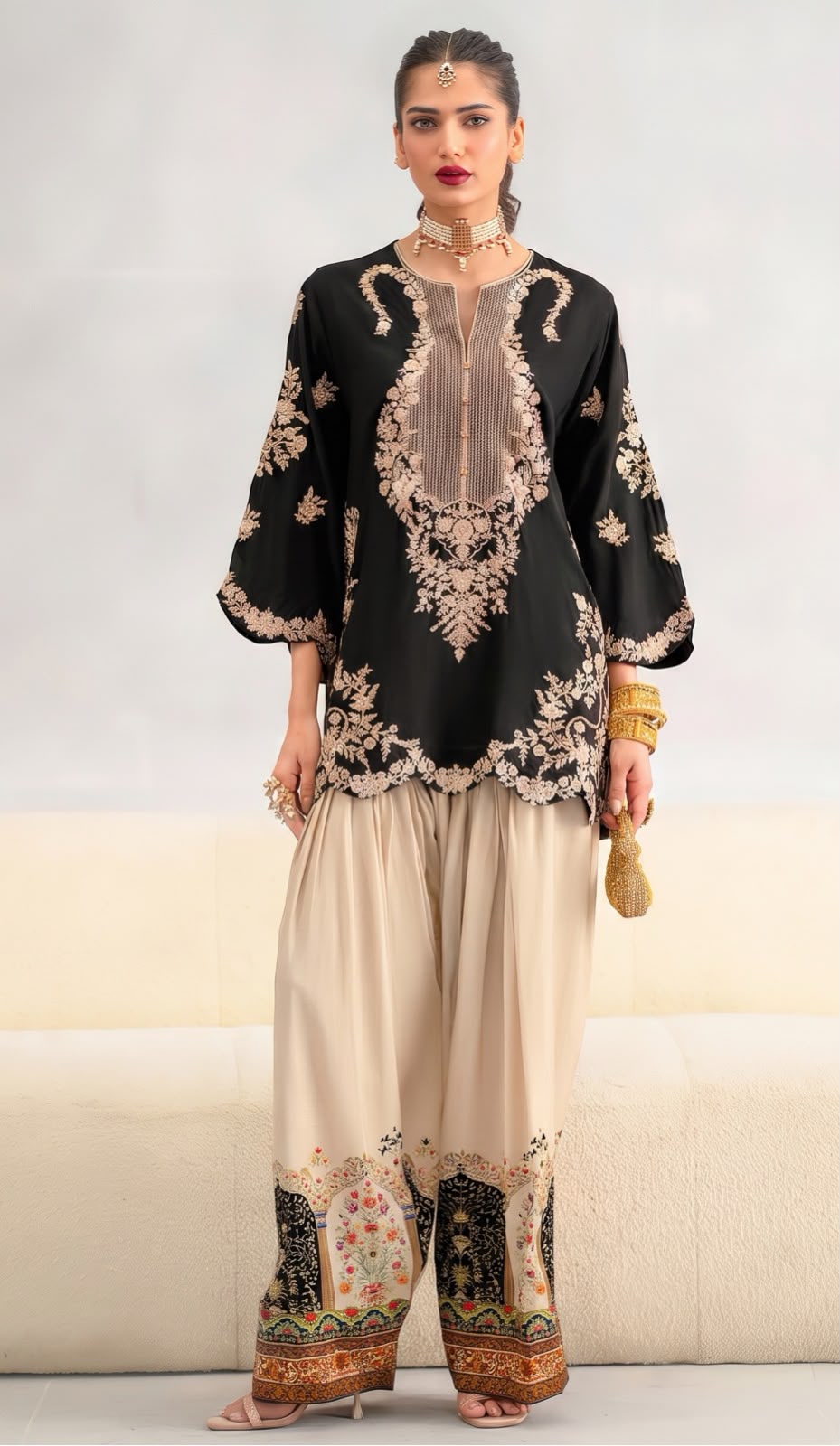 Ethnic Shehmoz Printed Trouser 3 Piece Suit by zairahofficial features stylish prints and quality fabric. Discover Elegant Unstitched Suits in Pakistan.