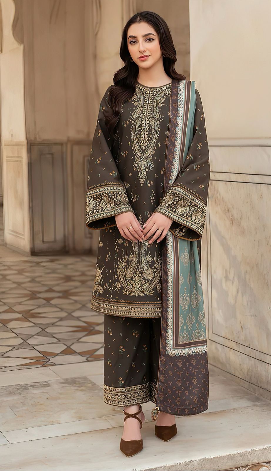 Jazmin Dhanak Embroidered Printed Shawl Suit by zairahofficial. Discover Affordable Unstitched Suits in Pakistan with elegant winter designs.