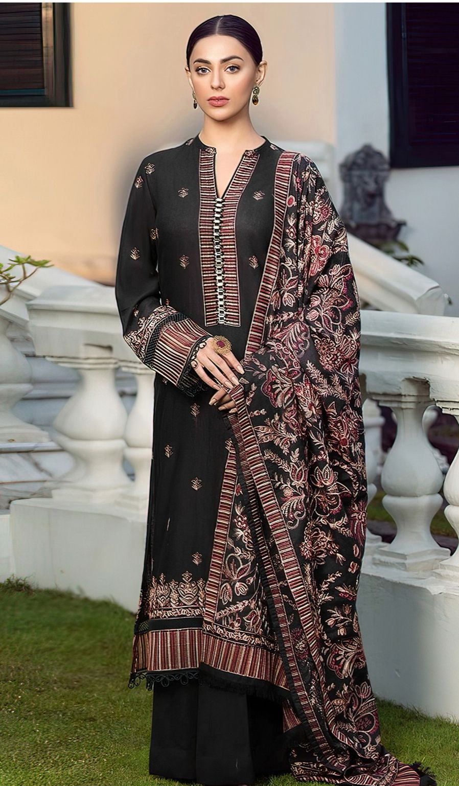 Bareeze Heavy Embroidered Dhanak Shawl Suit by zairahofficial. Explore Affordable Unstitched Suits in Pakistan with elegant winter embroidery.