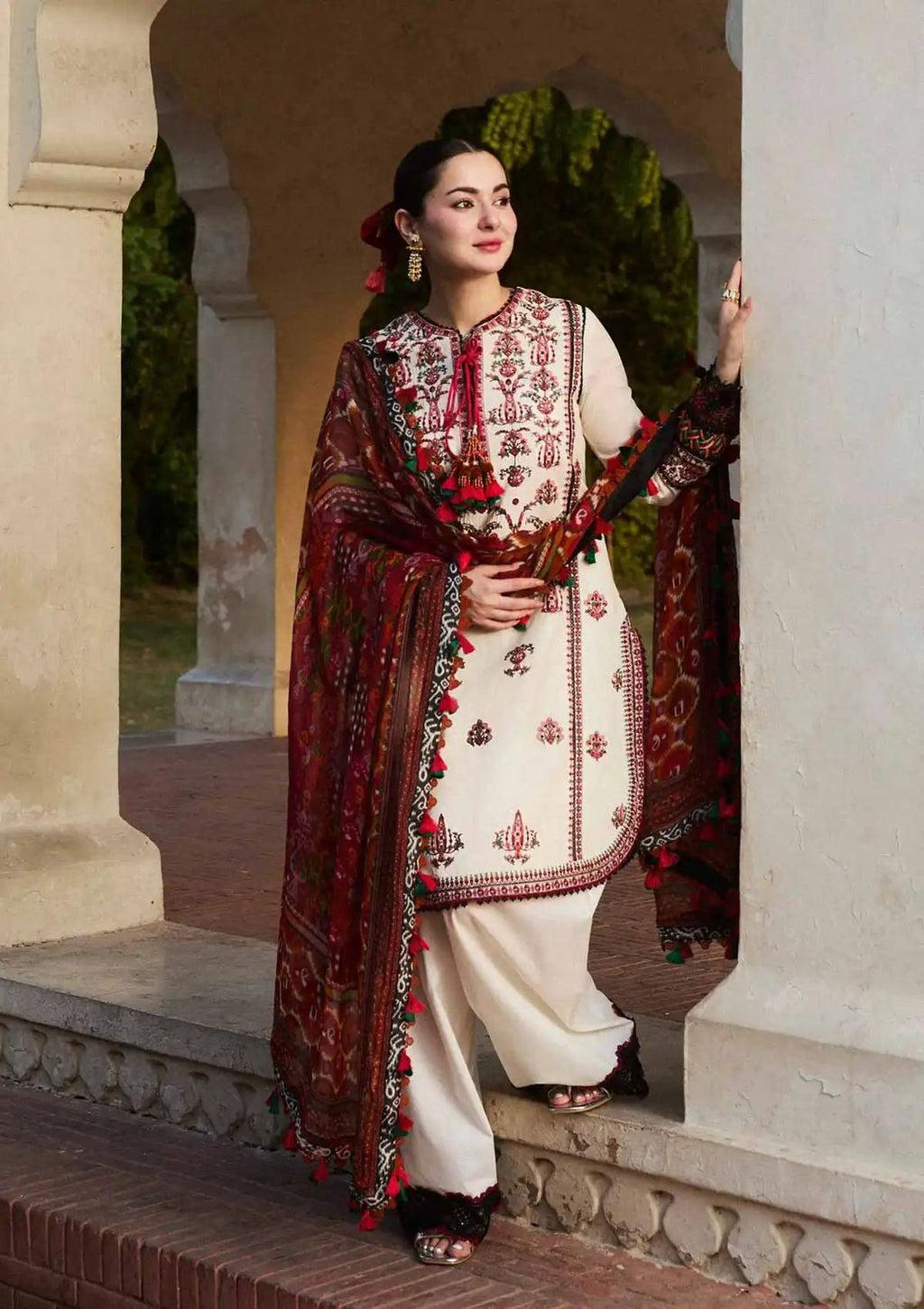 Hussain Rehar Dhanak Embroidered 3 Piece Suit with Printed Shawl by zairahofficial. Explore Winter Collection Sale on Brands in Pakistan.