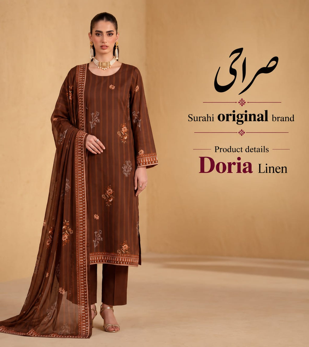 Surahi Digital Print Linen 3 Piece Suit by zairahofficial offers elegant prints and premium fabric. Explore Digital Printed Suits in Pakistan.