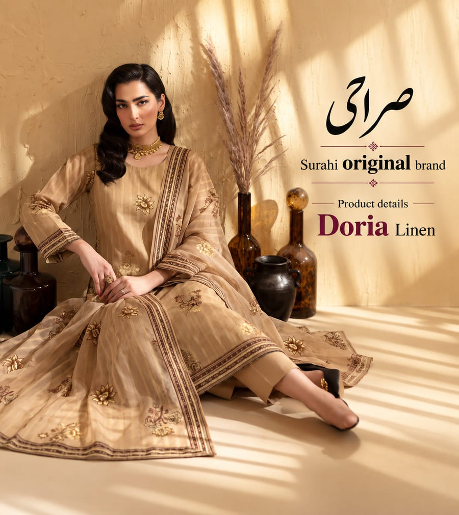Shop Surahi Doria Linen 3 Piece Digital Print Suit at Zairahofficial. Explore premium printed suits price in Pakistan with elegant designs.