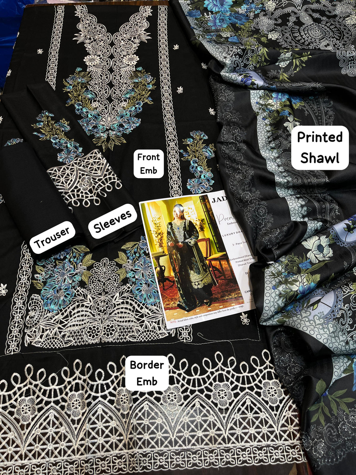 Jade Dhanak Embroidered 3 Piece Suit with Printed Shawl