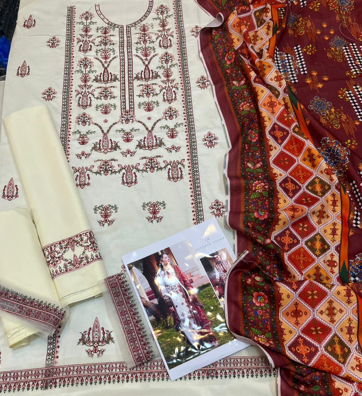 Hussain Rehar Dhanak Embroidered 3 Piece Suit with Printed Shawl